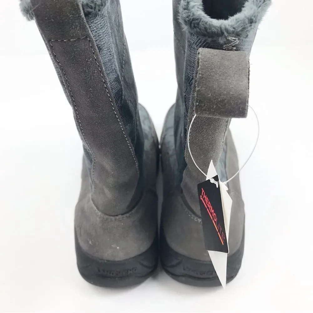 Land’s End Gray Suede Floral Canvas Front Zip Faux Fur Lined Thermolite Boot NEW